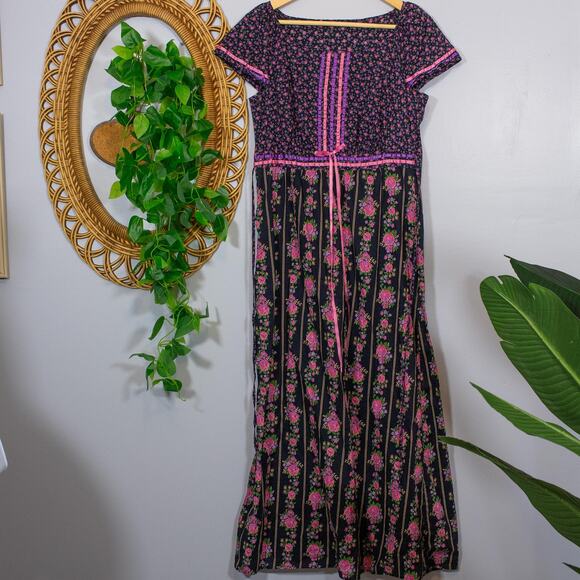 Handmade Black Pink Floral Prairie Maxi Dress Rickrack Cottagecore Dark Winter - Picture 2 of 8